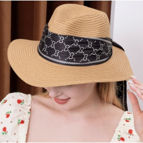 Odiva Summer Hat Khaki Stripe Pattern Band Straw Sun Hat - Picture 2 of 16